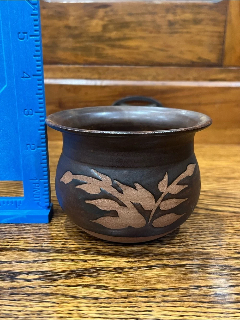 Handmade Small Studio Pottery Planter Bowl Brown Glazed Leaf Design Rustic Decor